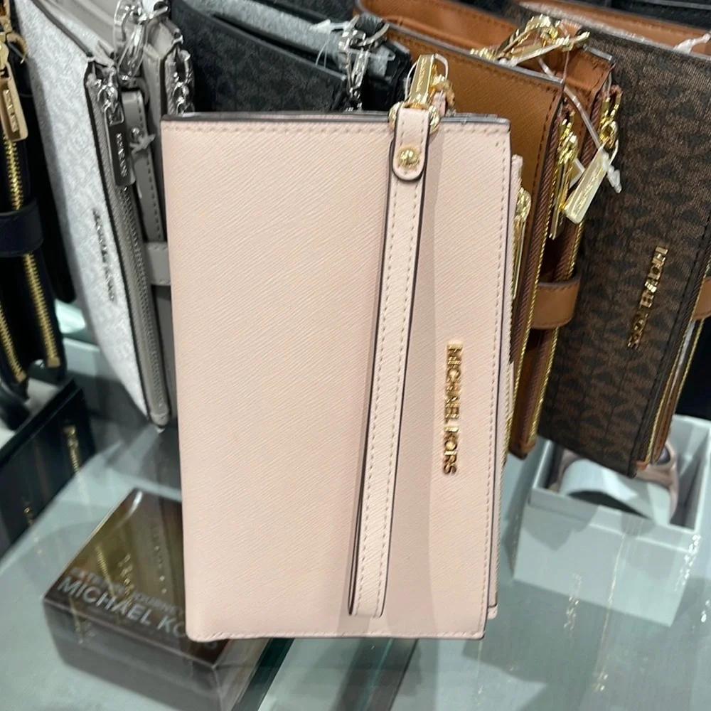 MICHAEL KORS LARGE DOUBLE ZIP WRISTLET WALLET PHONE CASE CLUTCH Powder Blush